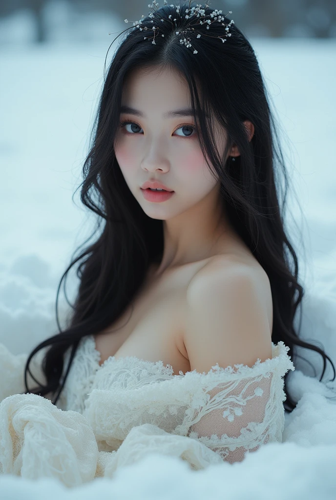 8k Beautiful naked Asian woman with big , in the snow