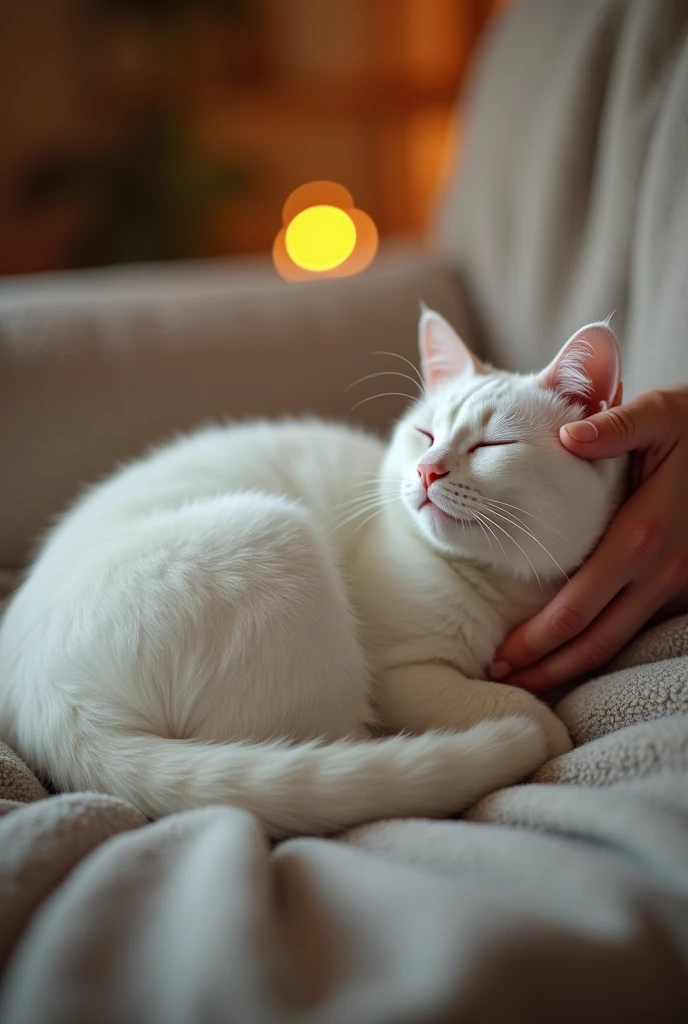 A peaceful ending with the white cat curled up on the couch, back to normal, while the relieved owner pets it.