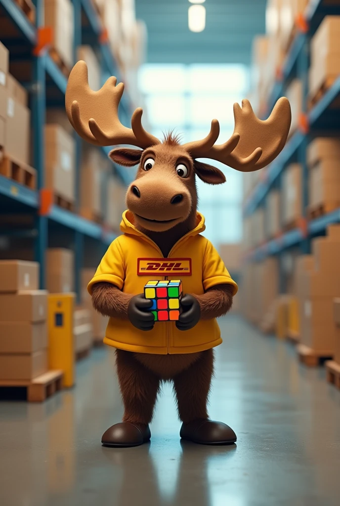 A cute moose in a DHL uniform, Solving a Rubik's cube in a DHL warehouse