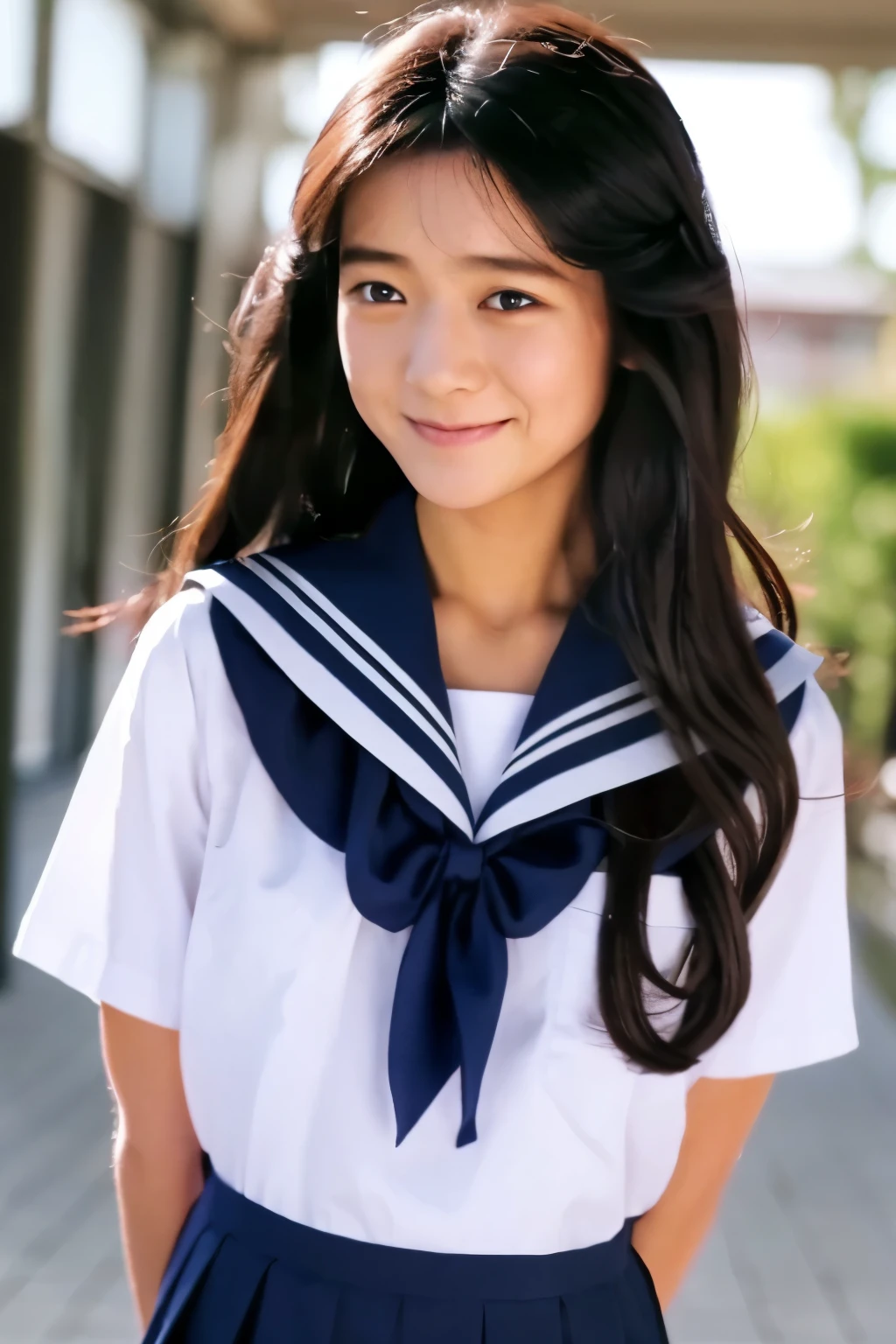 (Raw photo:1.2), (Photorealistic:1.4),Sailor suit,A young woman with long hair who looks both young and grown-up,Calm expression,Gently glance over,Long black hair,Background is a school hallway,Running with her skirt fluttering,The woman has a modest smile,10 second video