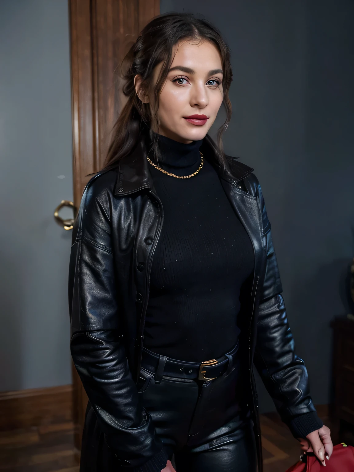 photo of a completly clothed prime minister of parliament woman with a smile standing inside her office, she just entered in the room ( no nudity) ,waitin for the man she loves , monica bellucci at 32 , ((incredibly clear clear blue eyes )) (( flirting with the camera)) (( smart smiling lookin at the camera)) (( red lipstick)) (( Monica is dressed with a long leatehr coat over a blue tellier jacket blue turtleneck sweater , gold chain, and black leather pants inside the boots,:1.2 )) (( black soft stiletto pirate high knee Leather boots )) (( black ponytail hair)) (( she is wearing his favorite vintage black silk gloves )) (( she is standing with a sport bag on her shouders,)) (( full figure woman)) (( the photo is from up front worms eyes view )) 4k 8k ultradetailed, kodak print, detailed realistic face, 4k 8k ultradetailed, smooth images, realistic woman, detailed eyes, detailed face, detailed lips