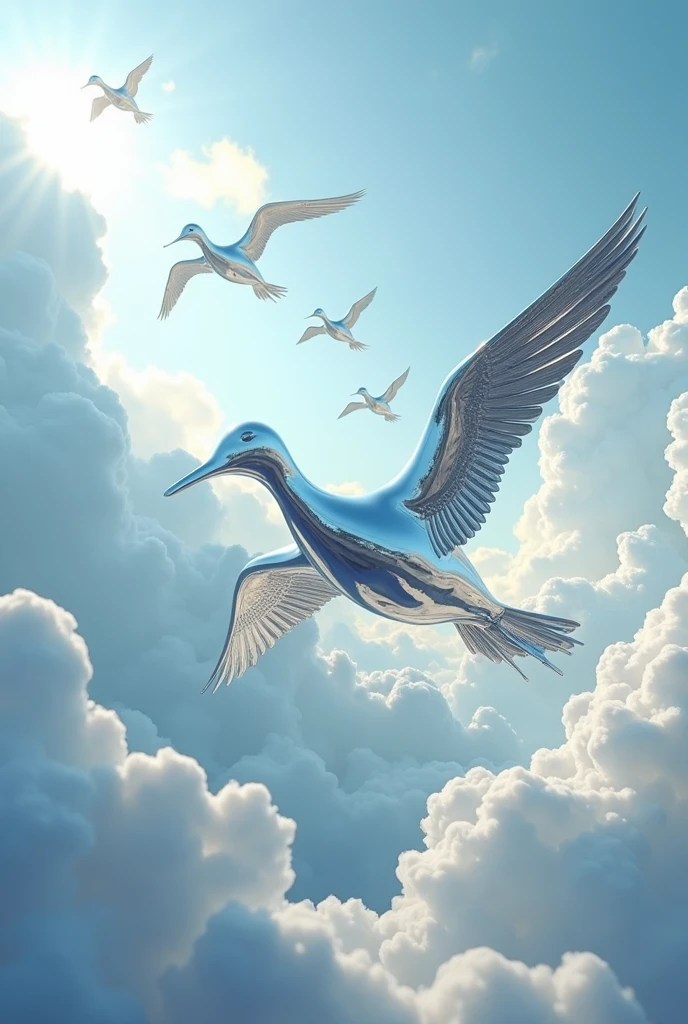 there are many metal sculptures that are flying in the sky, chrome art, surreal metal sculpture, futuristic chrome drones, metal sculpture, a surrealistic bird, heavens, metal art, dramatic artwork, surrealistic bird, depicted as a 3 d render, whorl. clouds, metallic sculpture, inspired by Shigeru Aoki, sleek flowing shapes, cloud, digital sculpture