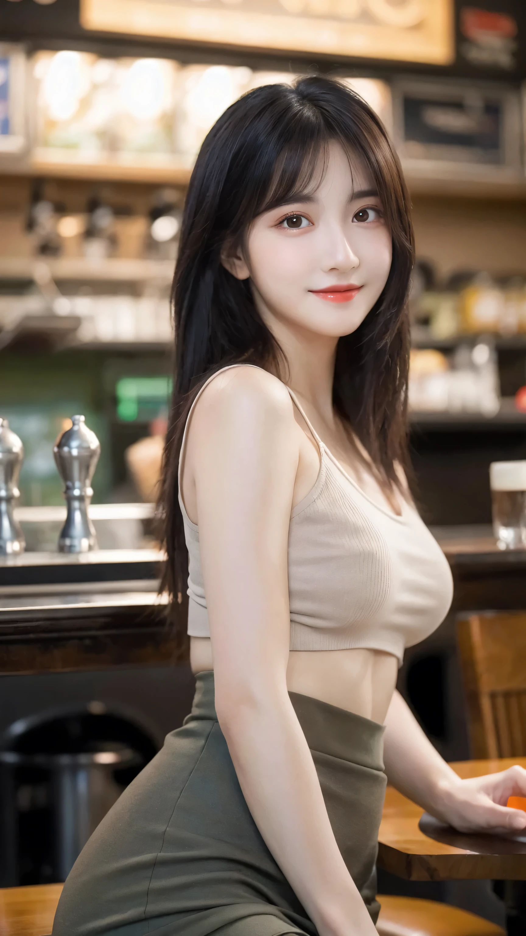 (8k, RAW Photo, Best Quality, Masterpiece:1.2), table top, Ultra Detail, Super Resolution, (Realistic, Realistic Photo:1.37), Portrait, High Detail RAW Color Photo, Professional Photo, Extremely Detailed and Beautiful, Extremely detailed, 8k wallpaper, amazing and detailed, huge file size, official art, highly detailed CG unity 8k wallpaper, highly detailed beautiful girl, highly detailed face, highly detailed eyes, highly detailed skin, highly detailed fingers, highly detailed nose, very detailed detailed mouth , perfect anatomy, highly detailed background, highly detailed clothes, 1girl, ,cute girl, realistic body, fair skin, glowing skin , slim body, handsome body, black hair , Semilong hair, (blunt bangs:1.2), smile, cute, youthful, cute face, realistic face, delicate eyes, drooping eyes, looking at viewer, standing posture, Contraposto, dynamic lighting, (medium breasts), (Perfect Body Proportions), (slender Body Proportions), (tank top), (mini skirt), (Inside the pub),