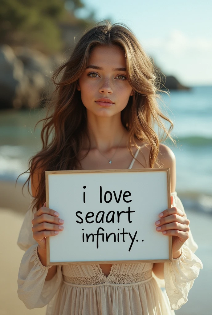 Beautiful girl with wavy long hair, bohemian dress, holding a white board with text "I Love Seaart Infinity" and showing it to the viewer