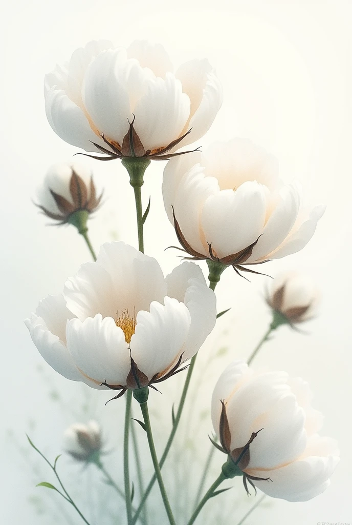 Create an image of several white cotton flowers drawn and painted with very delicate watercolors