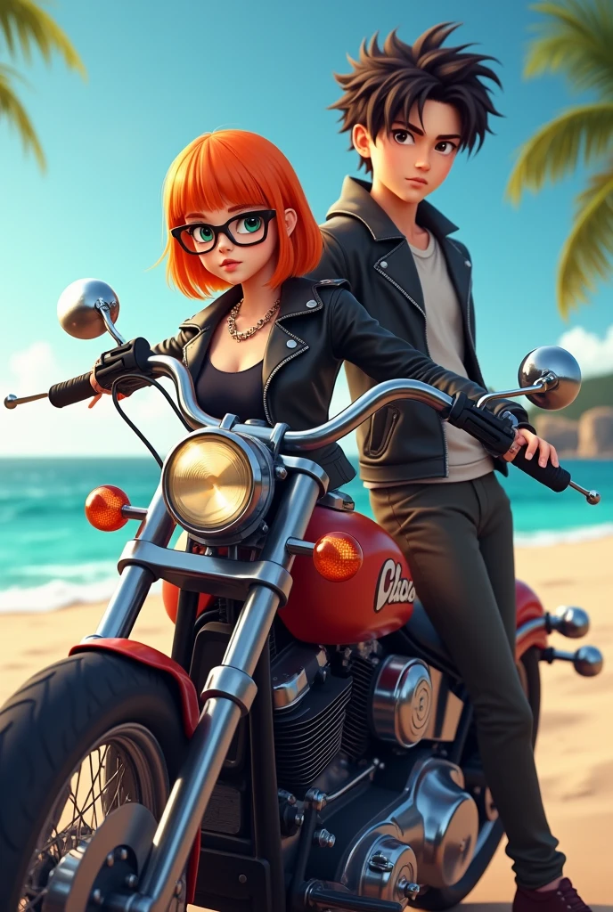 Chopper motorbike with beach view, leather jacket, orange straight haired girl with glasses and curly haired boy with eyebrow piercing 