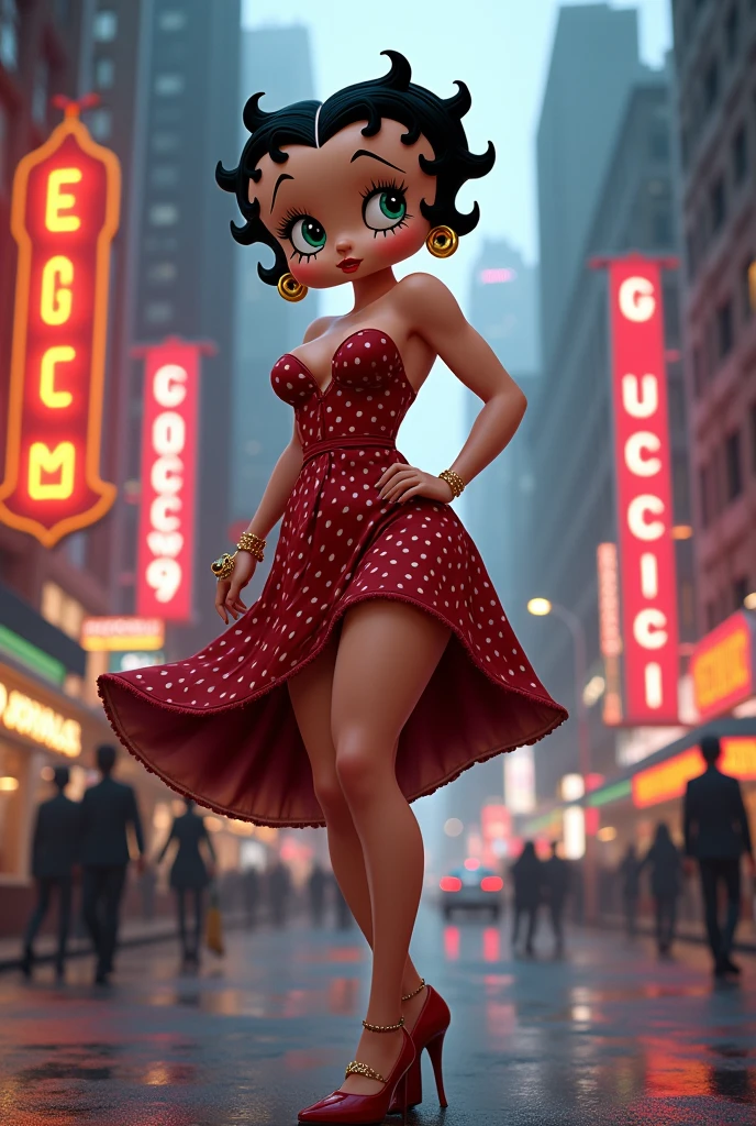 Betty boop a cartoon character as a supermodel wearing Gucci and walking through the streets.