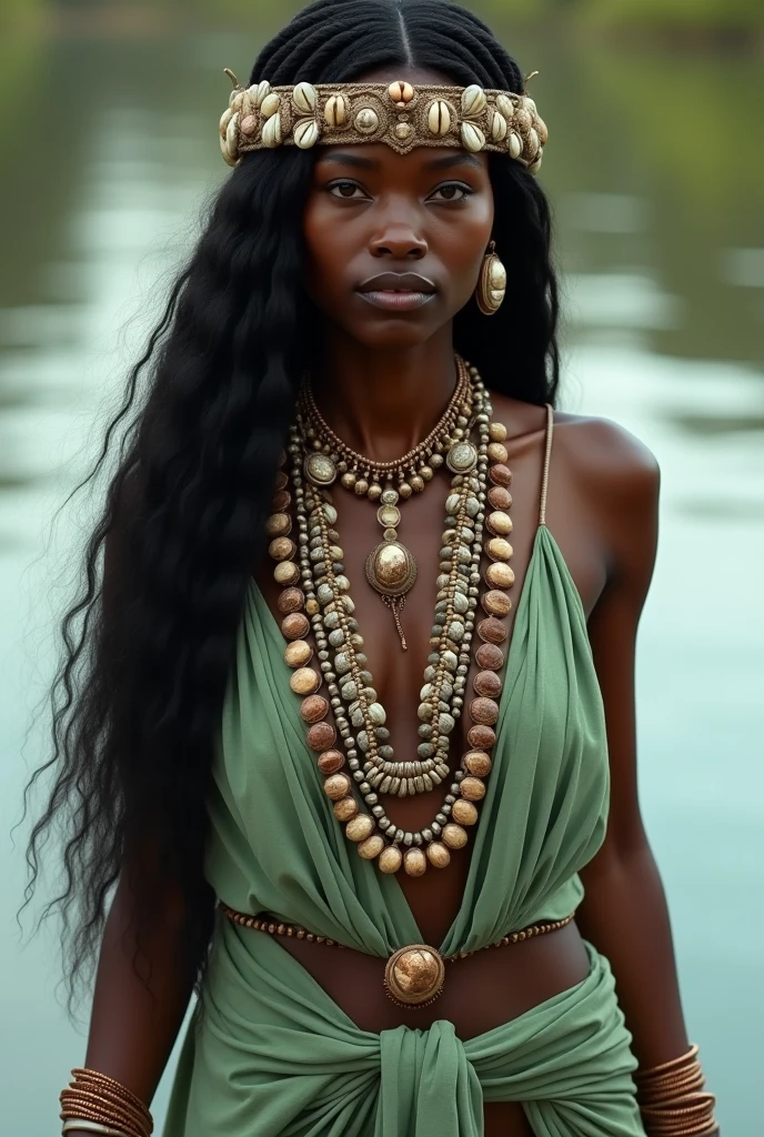 A beautiful black woman , long hair decorated with cowries and shells coming out of the Ogun River in Africa in the background , walking wearing light green clothes with cowries , many shells and cowries ,copper and stone bracelets on the wrist and 3d shell necklaces , close up hyperrealistic image.