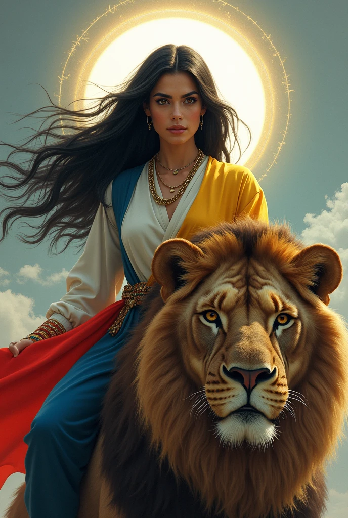a beautiful iranian woman riding a lion, the woman's long black hair flows over her shoulders, her eyes are pierering and her look is full of courage around her head is halo of light on wich is written: woman, life, freedom, her Clothes are weith and blou and yelow colorful and the character of a determined and fearless woman, looking directly at the polices are standing against her.