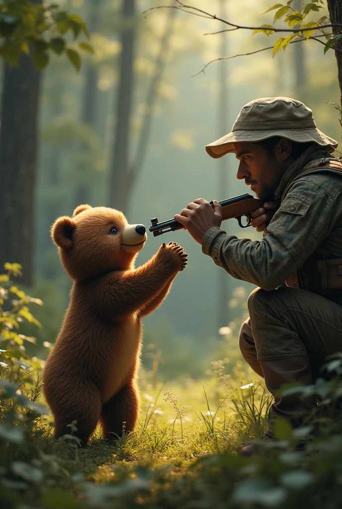 A little bear trying to hug a hunter who wants to shoot him

