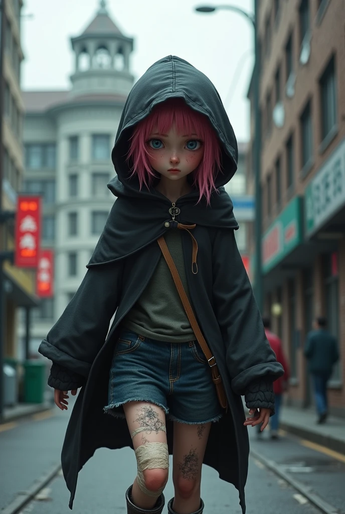 Black hood a young girl with pink hair very injured in her body walking to a hospital 3d style