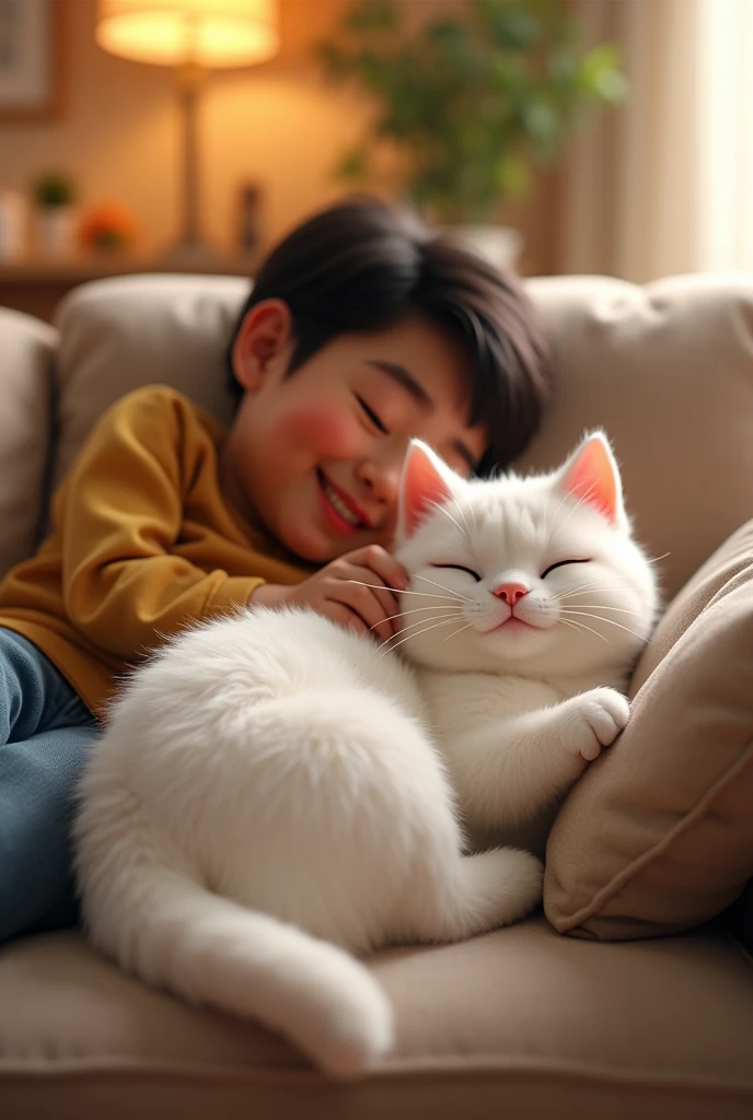 A peaceful ending with the white cat curled up on the couch, back to normal, while the relieved owner pets it. Pixar style 