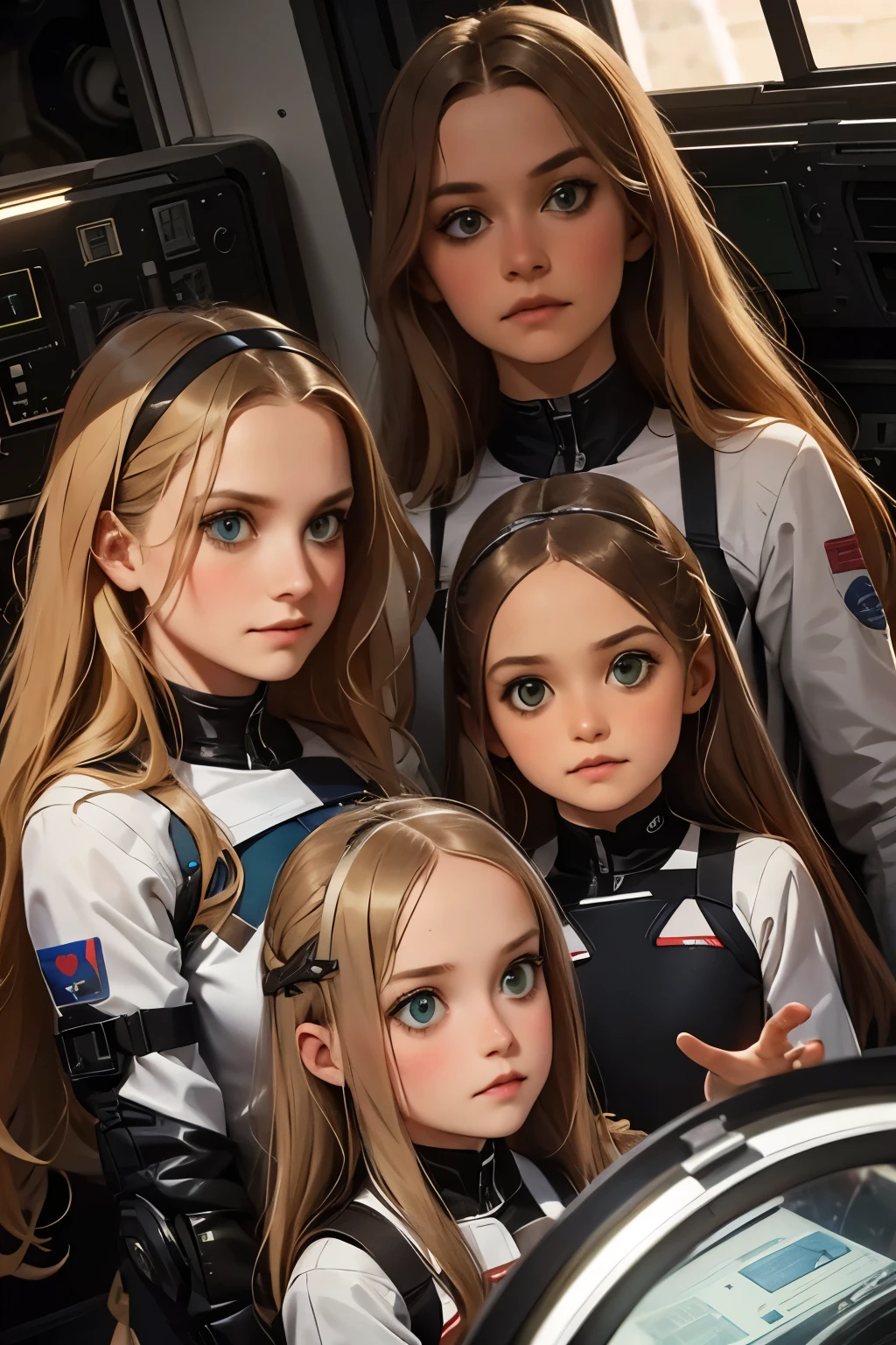 two ***********s and a mother in a space station, a with long blond hair, a with long brown hair. Mom with long hair and dark green eyes