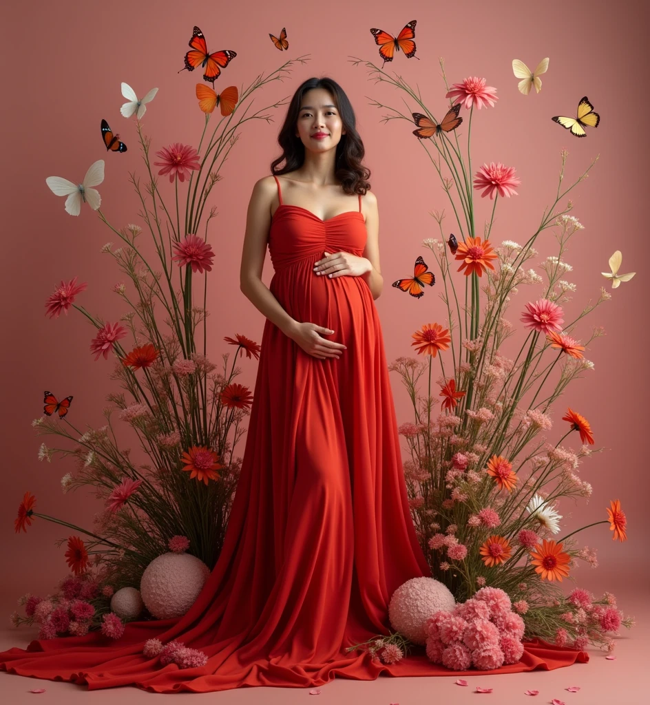 pregnant woman in red dress surrounded by butterflies and flowers, a digital rendering inspired by Tang Yifen, shutterstock contest winner, conceptual art, maternal photography 4 k, full body portrait shot, award winning studio photo, full body photograph, full body portrait, color studio portrait, whole body photography, woman in flowers, portrait photo of a backdrop, korean artist