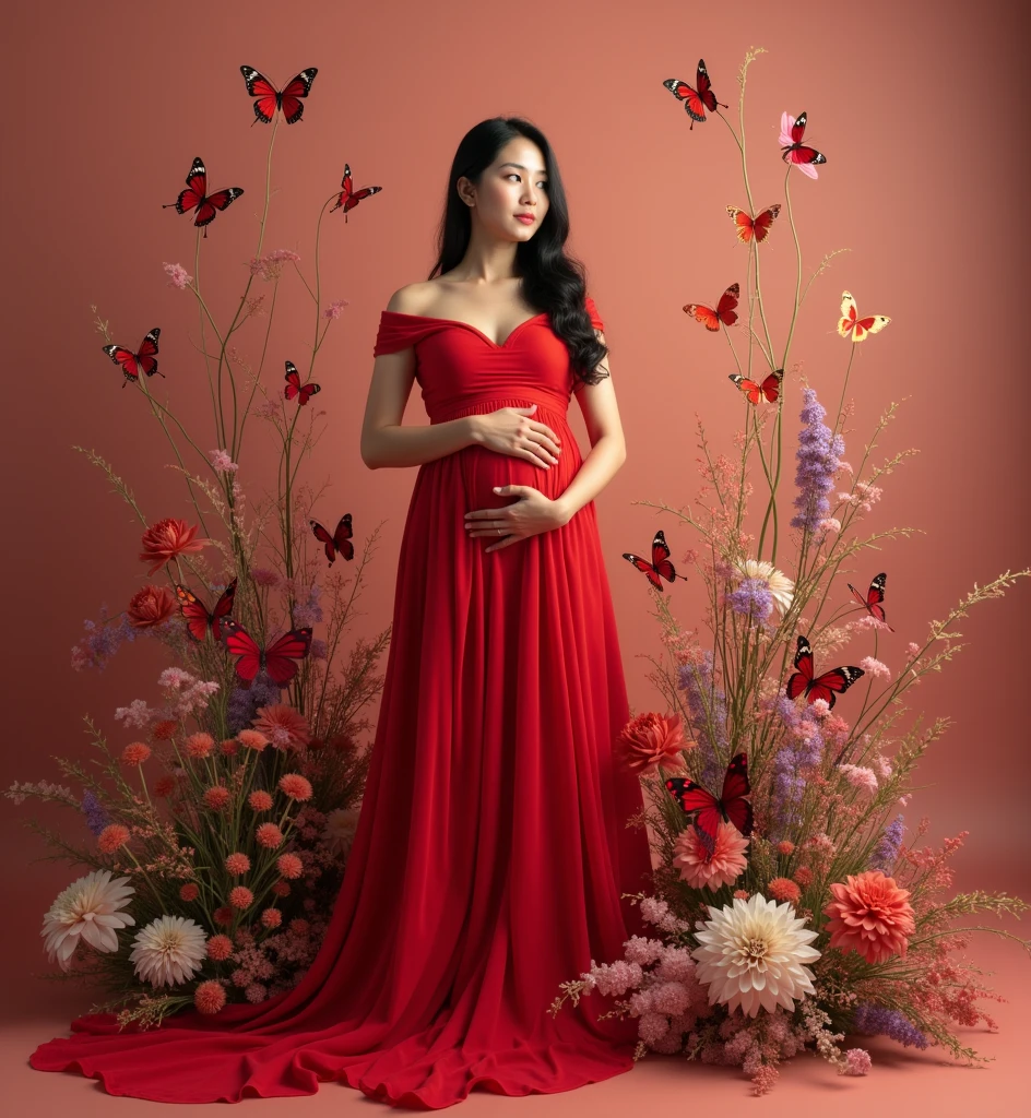 pregnant woman in red dress surrounded by butterflies and flowers, a digital rendering inspired by Tang Yifen, shutterstock contest winner, conceptual art, maternal photography 4 k, full body portrait shot, award winning studio photo, full body photograph, full body portrait, color studio portrait, whole body photography, woman in flowers, portrait photo of a backdrop, korean artist