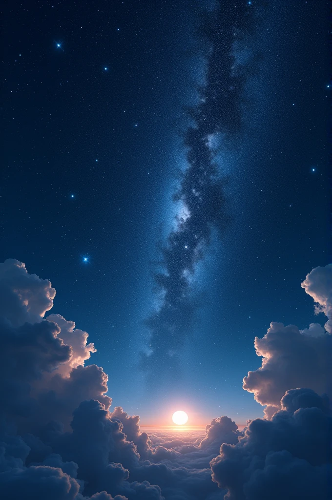 "A very beautiful night, filled with small, medium, and large stars with shimmering clouds, and the moon in the background, in a super realistic 4K image."