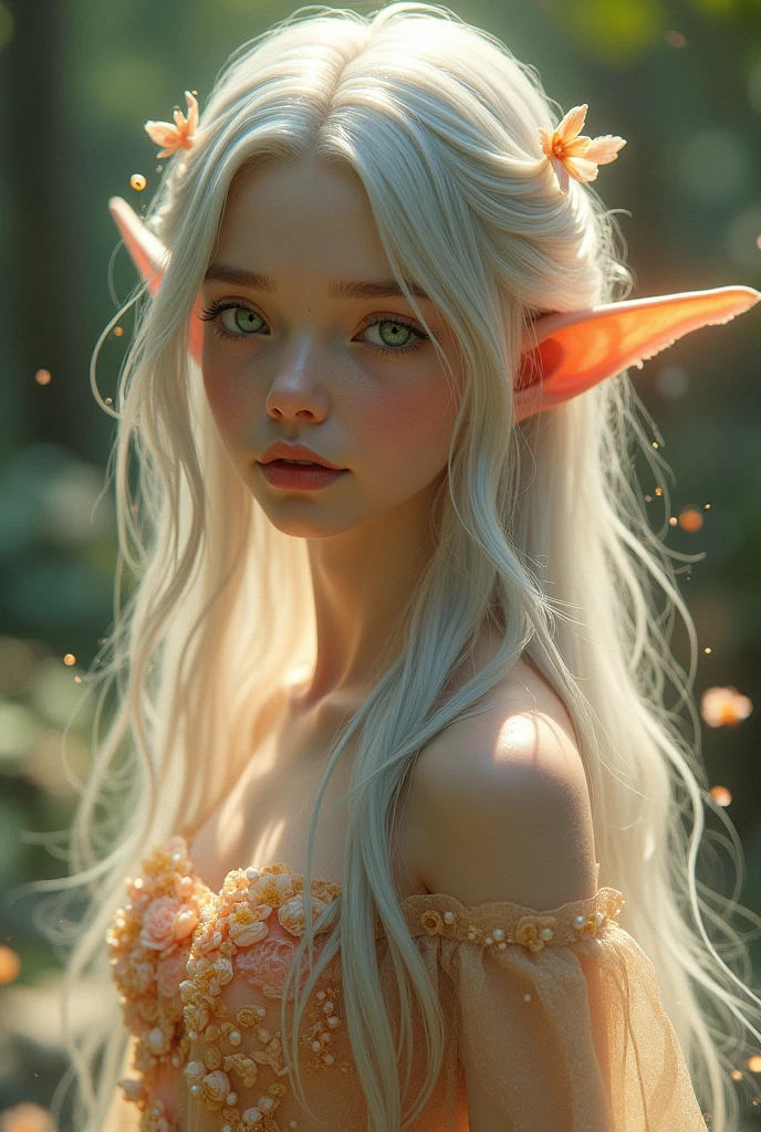 Young elf with long silver hair that shines like moonlight , your eyes are deep green reflecting, ethereal dress made of flower pearls and around it always floats a soft golden glow.