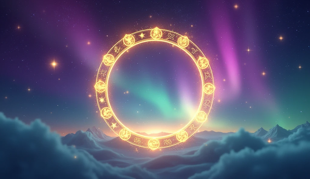 
Create a vibrant background with purple gradients, blue and gold, imitating an aurora borealis. At the center, place an elegant golden circle with the symbols of the 12 zodiac signs arranged along its edge. Add twinkling stars and light streaks for a magical, dynamic touch. Emerald green and turquoise blue accents can accentuate the look, highlighting the spiritual and astrological connection in an eye-catching and engaging way.