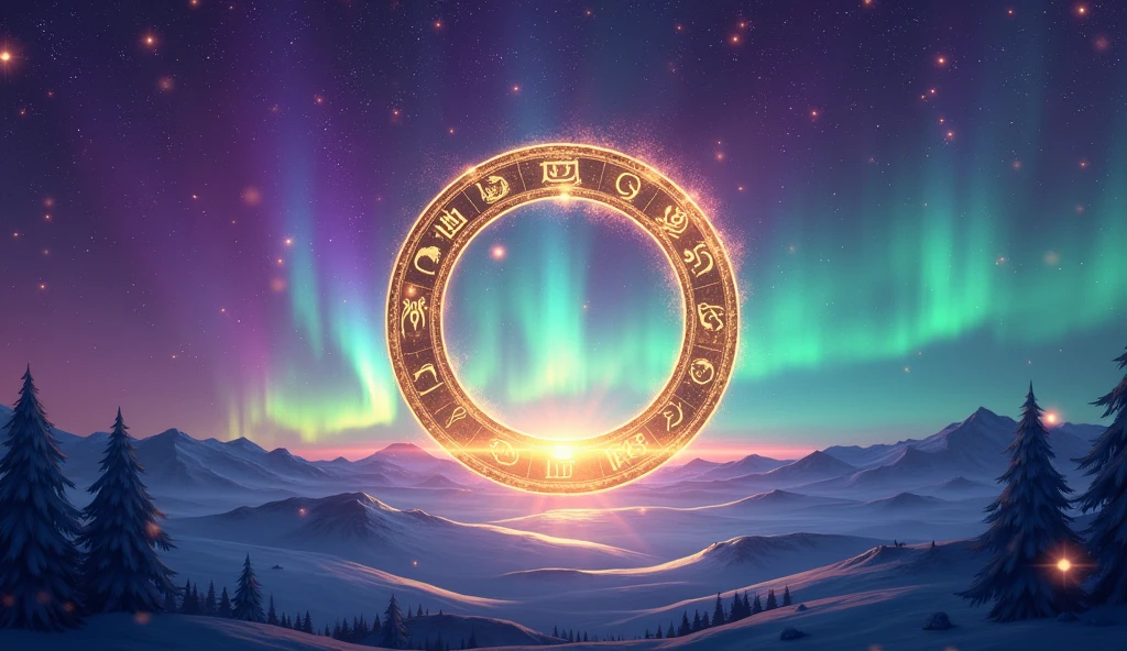 Create a vibrant background with purple gradients, blue and gold, imitating an aurora borealis. At the center, place an elegant golden circle with the symbols of the 12 zodiac signs arranged along its edge. Add twinkling stars and light streaks for a magical, dynamic touch. Emerald green and turquoise blue accents can accentuate the look, highlighting the spiritual and astrological connection in an eye-catching and engaging way.