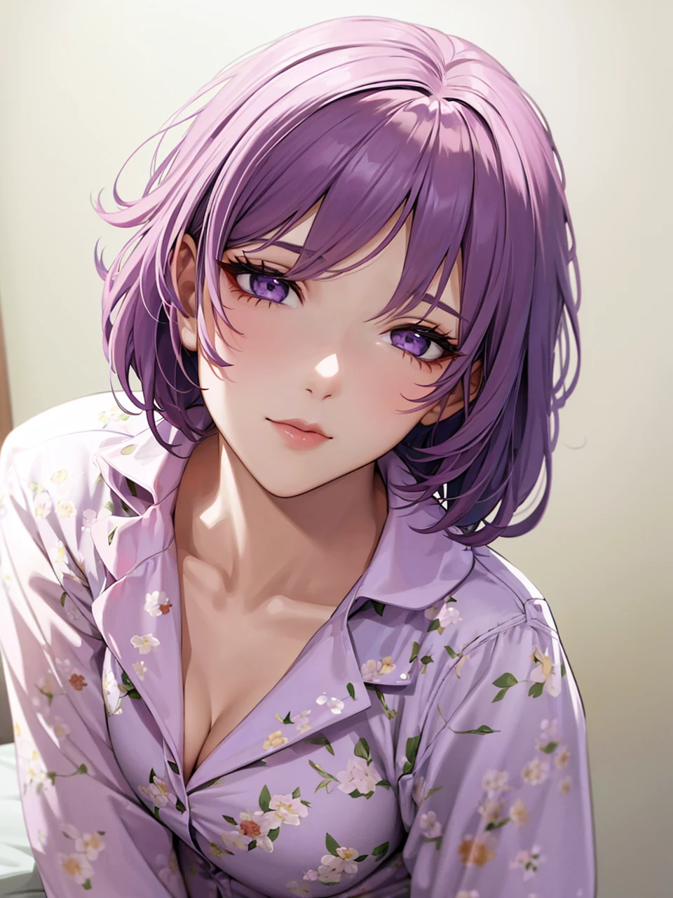 Woman with short wolf cut and purple hair Beautiful woman Floral pajamas 2.5D 