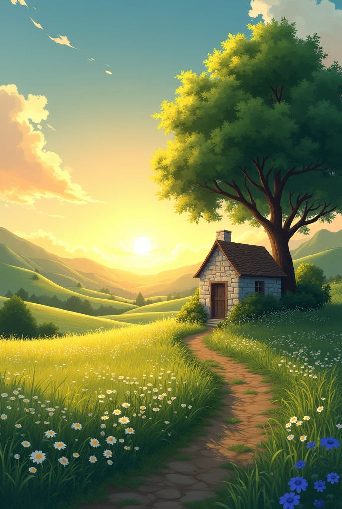 Show a quiet rural morning with a large tree on the right side of the image, its leaves catching the early morning light. The sun is rising over rolling hills in the background, casting a golden glow across the sky. A small stone cottage stands in the mid-ground, surrounded by fields of tall grass and wildflowers. Anime style