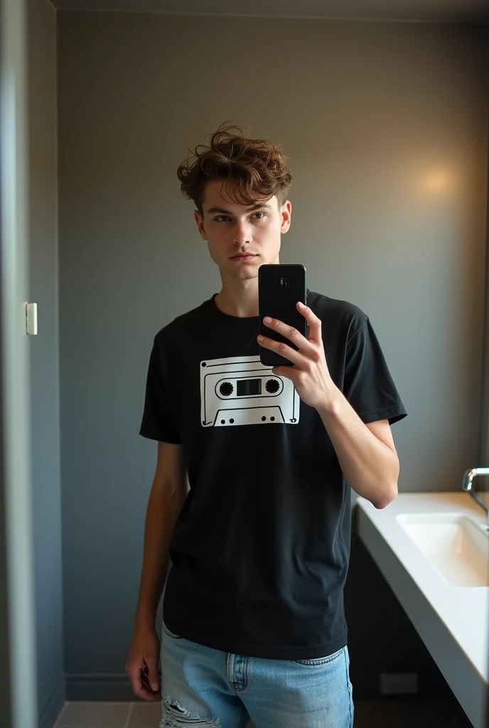 "A realistic photo of a young man standing in front of a mirror, taking a selfie with a smartphone. He is wearing a black t-shirt with a white design resembling a cassette tape and light blue distressed jeans. The setting appears to be a modern restroom with grey walls and a reflective surface. The lighting is soft and warm, creating a casual and relaxed atmosphere.",
  "size": "1024x1792"