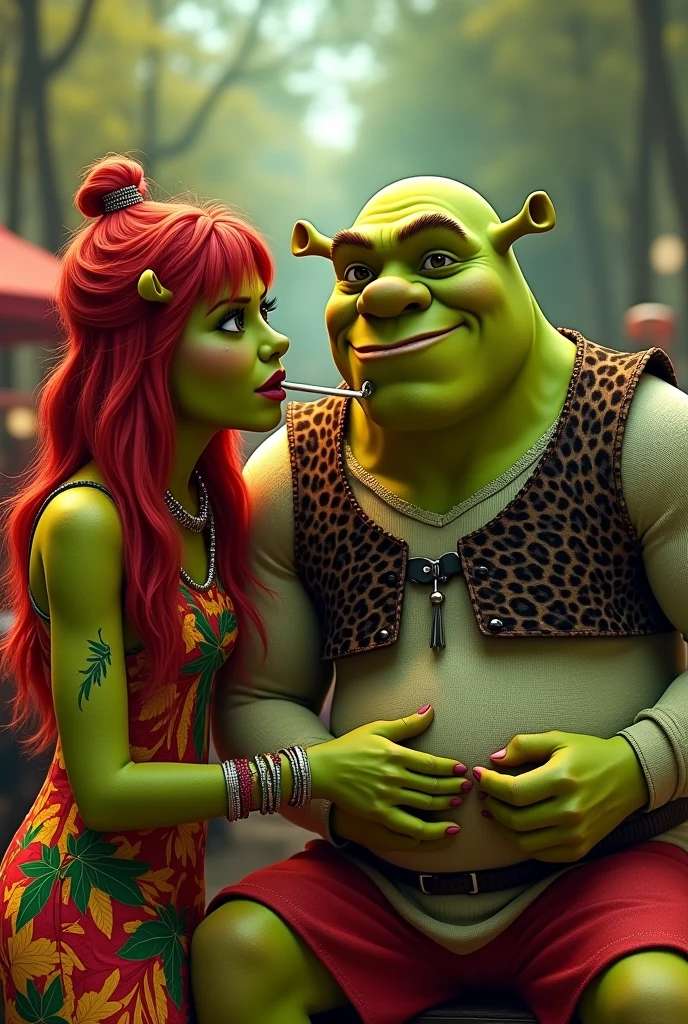 Make Fiona and Sherk smoking in the red reggae outfit, green and yellow ,