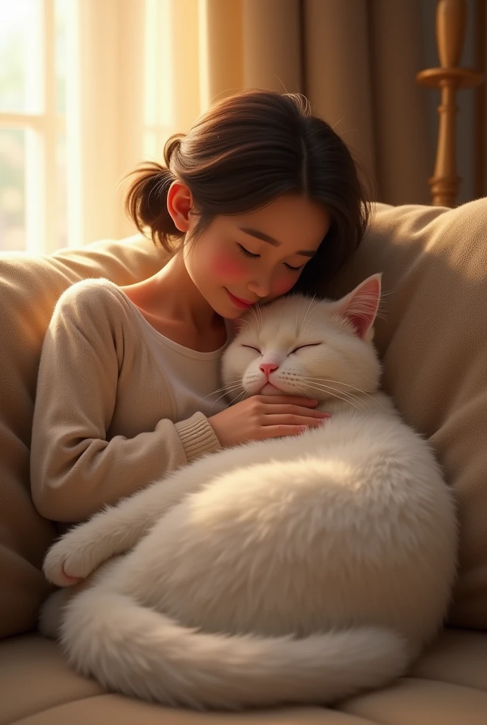 A peaceful ending with the white cat curled up on the couch, back to normal, while the relieved owner pets it. Pixar style 