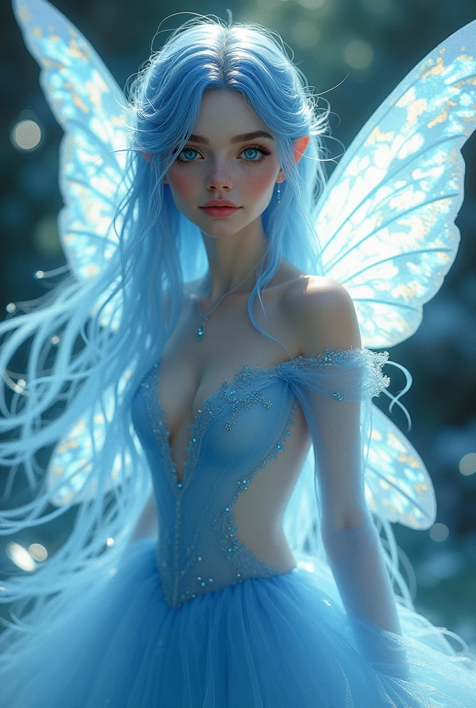 A fairy woman with water aesthetic. she has light to dark blue hair. She has blue eyes and wears a light blue princess dress. Her wings are white with an blue iridescent hue. Fantasy artsytle. Realistic artstyle.