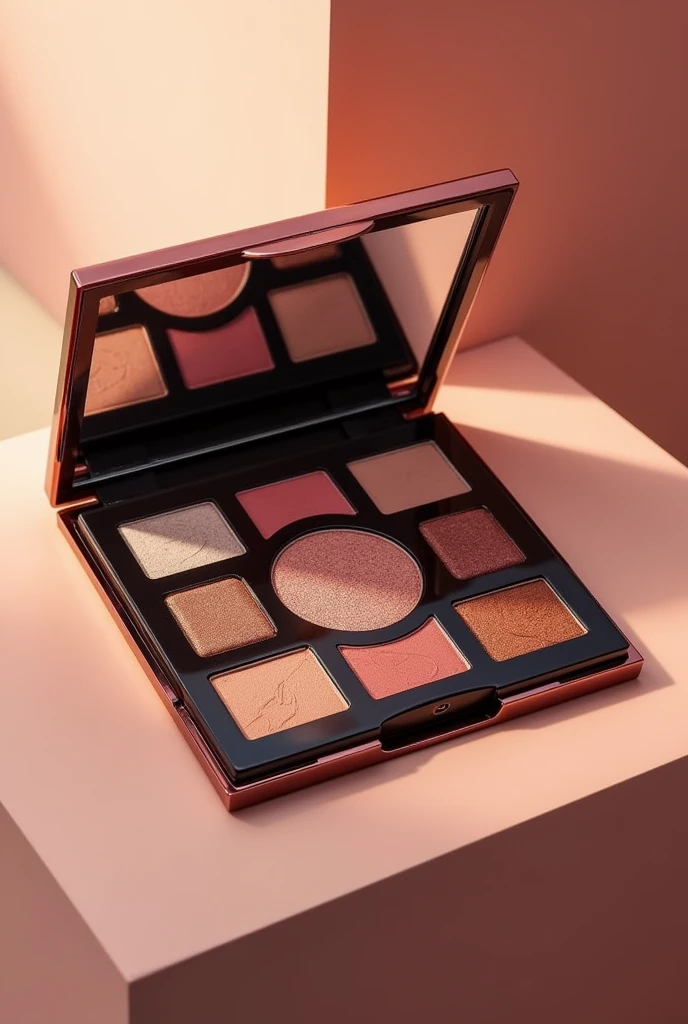 create prototype of cosmetic eyeshadow packaging, with 9 colors, with a larger centralized pan than the others, with luxury aesthetics