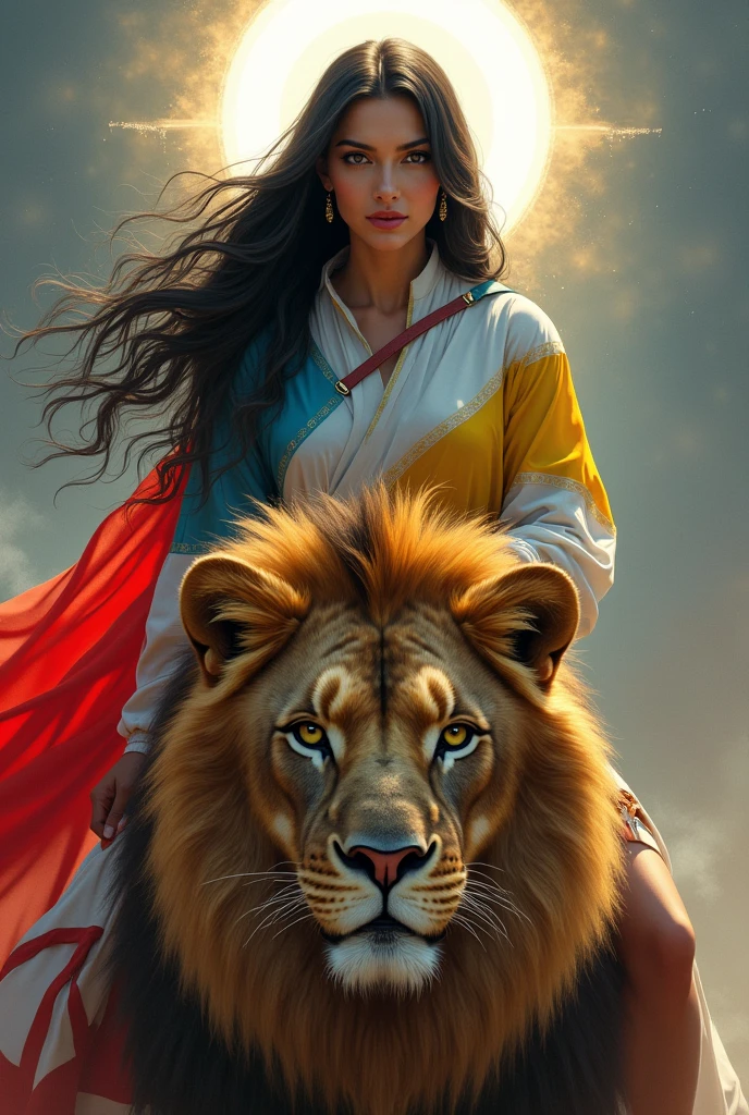 a beautiful iranian woman riding a lion, the woman's long black hair flows over her shoulders, her eyes are pierering and her look is full of courage around her head is halo of light on wich is written: woman, life, freedom, her Clothes are weith and blou and yelow colorful and the character of a determined and fearless woman, looking directly at the polices are standing against her.