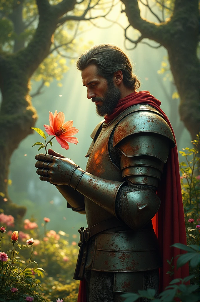 A knight in rusty armor picking a flower in a magical forest 