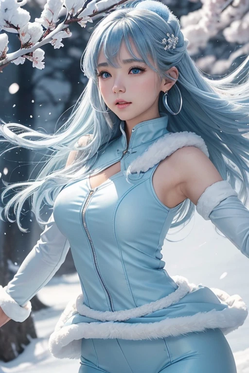 (Logo、masterpiece、8k、mesa、RAW Photos、marvelous、最high quality、フォトリアルでVery detailedなCG統合8k壁紙、high quality、Very detailed、narrative poem、particle effects、dynamic effects、Depth of text、cinematic light、Lens flare、ray tracing）、fancy、（1 beauty、light blue fur、beautiful face、The real way、detailed eyes、beautiful skin、woman dancing gracefully:1.7、woman dancing gracefully:1.7)、windになびく髪、髪弾む髪がwindに舞う、hair jump、Light blue sleeveless top、Light blue leather pantsuit、light blue leather jacket、silver earrings、evening、wind、darkness、雪とFrost、Frosty winter day、Snowy mountains and forests、Frost、snow covered mountain々、La belleza y el brillo de los árboles cubiertos de Frost.、Silent and beautiful meadows in a world of ice and snow.、Vast Land、by the lake、marvelous景色、美しい自然のwindの景色、evening空、wind、Cherry blossoms、Cherry blossomsの花びらが舞っている、Cherry blossoms吹雪、petals falling