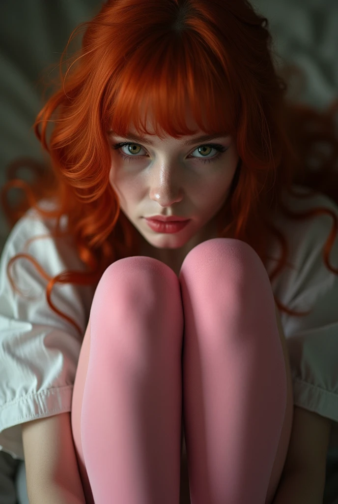red hair girl looking down at us with her feet up right above the camera wearing pink thigh highs
