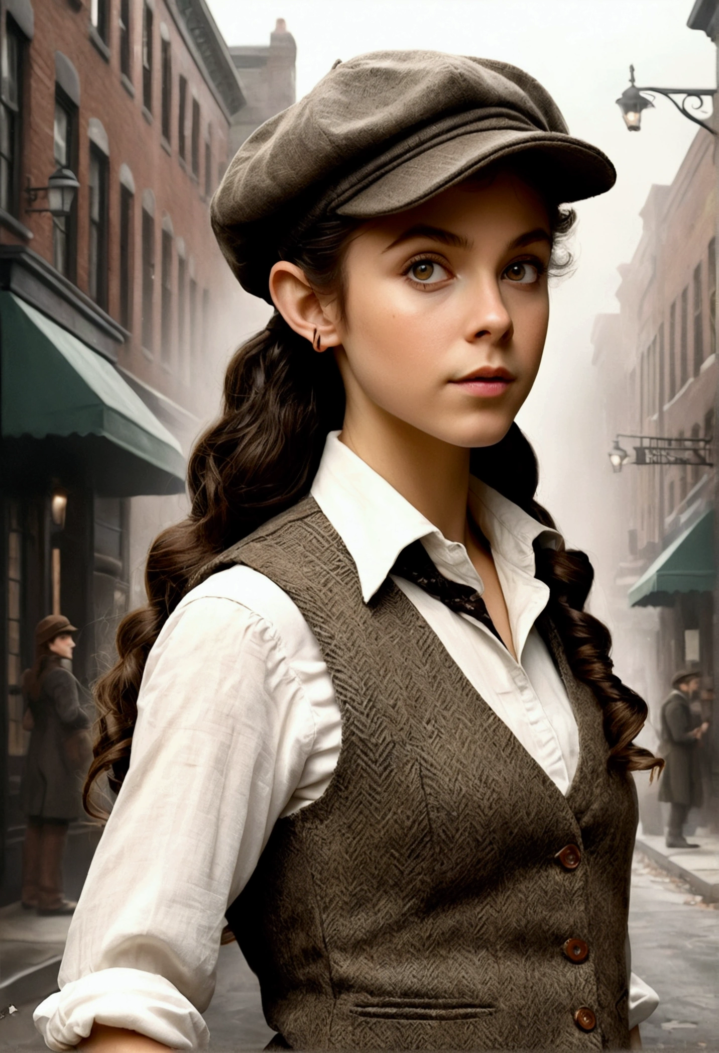 An illustrated movie poster, hand-drawn, full color, a age elven girl, wearing a tweed vest and a newsie cap, athletic hourglass figure, long pointy elf ears, amber eyes, dark hair, messy curls, deep sun-tanned skintone, standing on a foggy victorian-era street corner, graphite shading, stencil marks, airbrushed acrylic paint, masterpiece, in the style of the Sherlock Holmes, elf ears