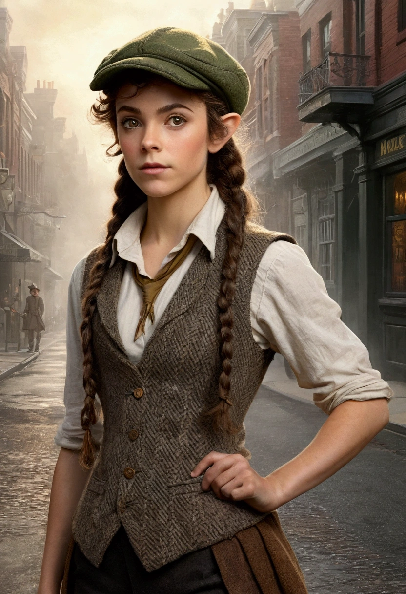 An illustrated movie poster, hand-drawn, full color, a age elven girl, wearing a tweed vest and a newsie cap, athletic hourglass figure, long pointy elf ears, amber eyes, dark hair, messy curls, deep sun-tanned skintone, standing on a foggy victorian-era street corner, graphite shading, stencil marks, airbrushed acrylic paint, masterpiece, in the style of the Sherlock Holmes, elf ears
