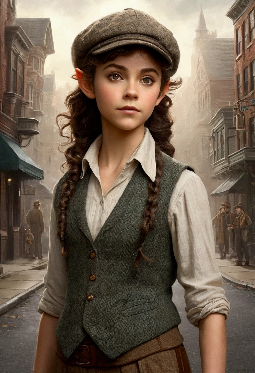 An illustrated movie poster, hand-drawn, full color, a teenage elven girl, wearing a tweed vest and a newsie cap, athletic hourglass figure, long pointy elf ears, amber eyes, dark hair, messy curls, deep sun-tanned skintone, standing on a foggy victorian-era street corner, graphite shading, stencil marks, airbrushed acrylic paint, masterpiece, in the style of the Sherlock Holmes, elf ears