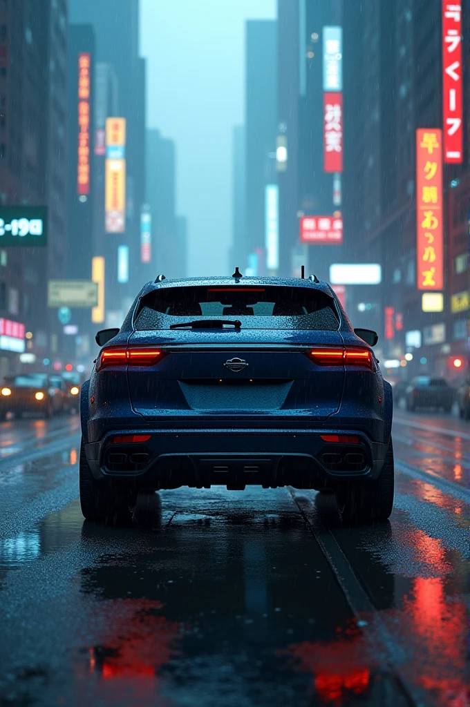 A back side of dark blue suv in a city, rainy weather, cool tone, cyberpunk theme.