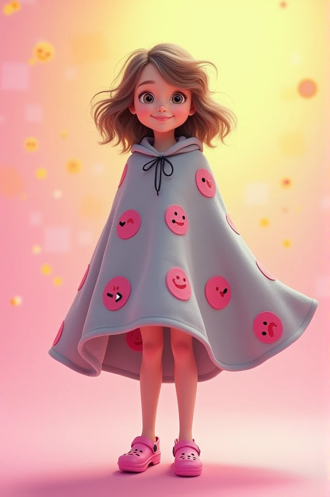 A girl with an emoji cape on the pink and yellow cape and gray pants, the cape is also gray and has these little faces with pink Crocs