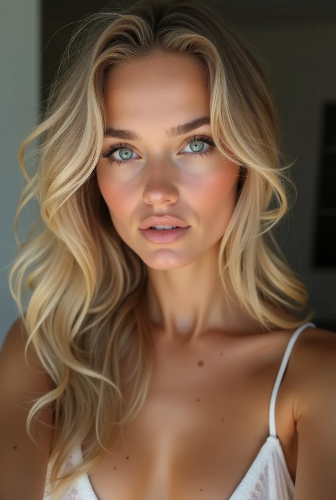 Fille blonde blanche aux longs cheveux blonds. Corps mince et sexy. photo selflie