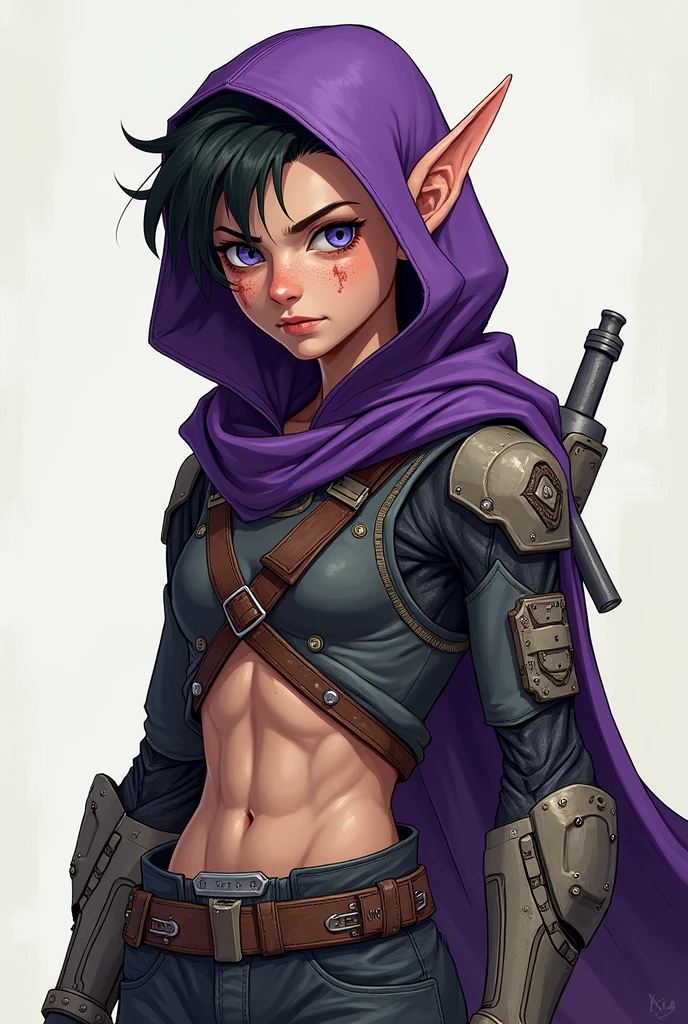 There is a skinny elf but not so much, He looks young, with noticeable scars on his face and there with a somewhat old and damaged combat suit with a bionic arm and has a purple hood and has an anime style 