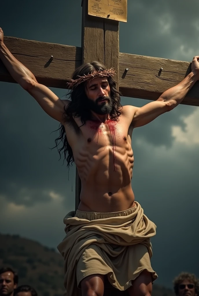 A vivid and detailed depiction of Jesus Christ nailed to the cross, wearing a crown of thorns. The scene should capture the somber and solemn atmosphere, with Jesus' head slightly bowed, blood from the crown of thorns trickling down his forehead. The cross is weathered, made of rough wood, and set against a darkened sky with clouds gathering. There should be a sense of deep sorrow and sacrifice in the expression of Jesus, with his arms stretched out and nailed to the cross. The background should include subtle elements, like a faint outline of distant hills or the silhouette of onlookers in the shadows.