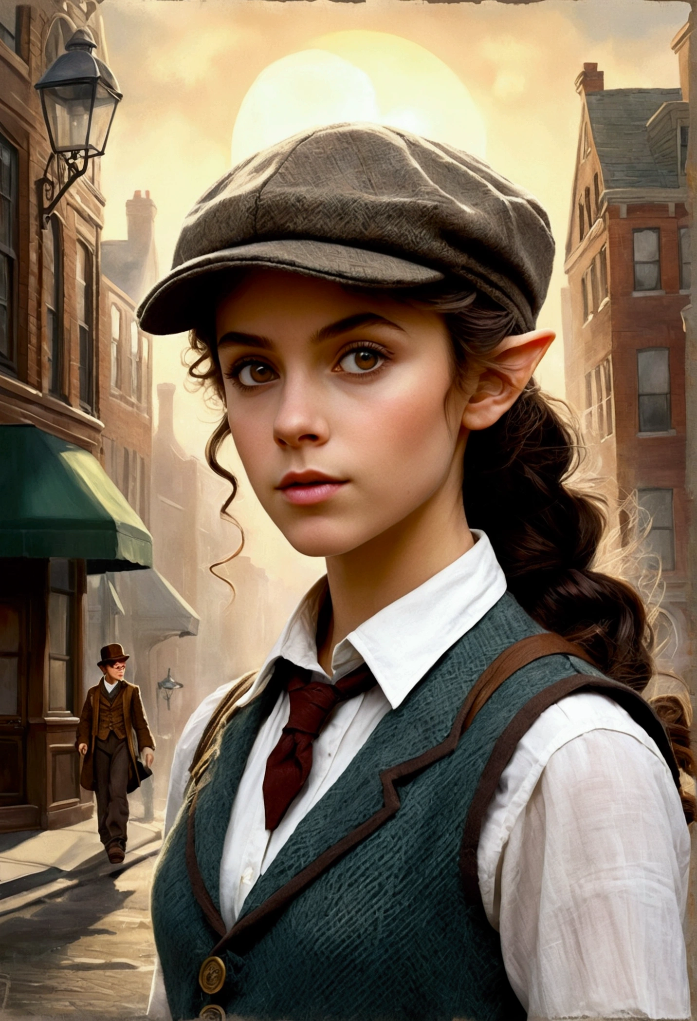 An illustrated movie poster, hand-drawn, full color, a teenage elven girl, wearing a tweed vest and a newsie cap, athletic hourglass figure, long pointy elf ears, amber eyes, dark hair, messy curls, deep sun-tanned skintone, standing on a foggy victorian-era street corner, graphite shading, stencil marks, airbrushed acrylic paint, masterpiece, in the style of the Sherlock Holmes, elf ears