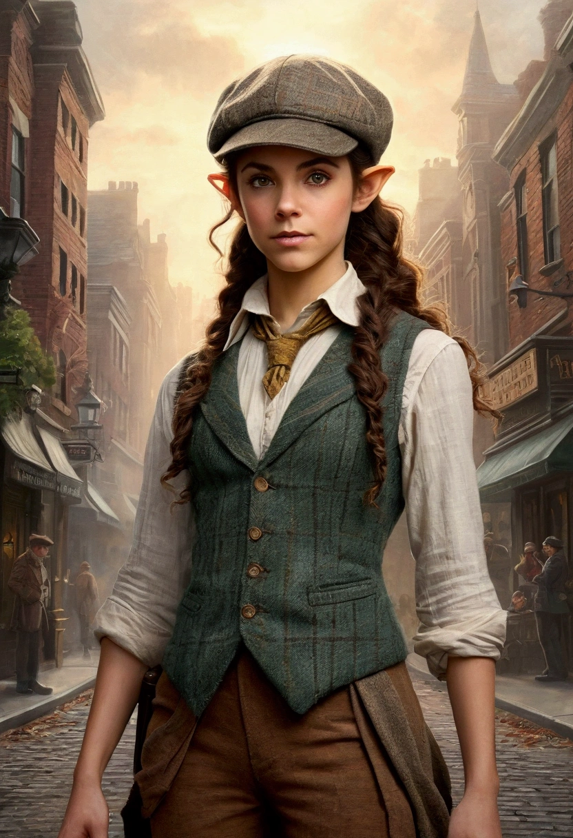 An illustrated movie poster, hand-drawn, full color, a teenage elven girl, wearing a tweed vest and a newsie cap, athletic hourglass figure, long pointy elf ears, amber eyes, dark hair, messy curls, deep sun-tanned skintone, standing on a foggy victorian-era street corner, graphite shading, stencil marks, airbrushed acrylic paint, masterpiece, in the style of the Sherlock Holmes, elf ears