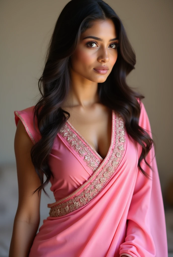 A beautiful Indian girl who wear  pink salwar kameez with tight fitting.boobs size is 36.The nipple on the girl's boobs is visible through her salwar kameez.