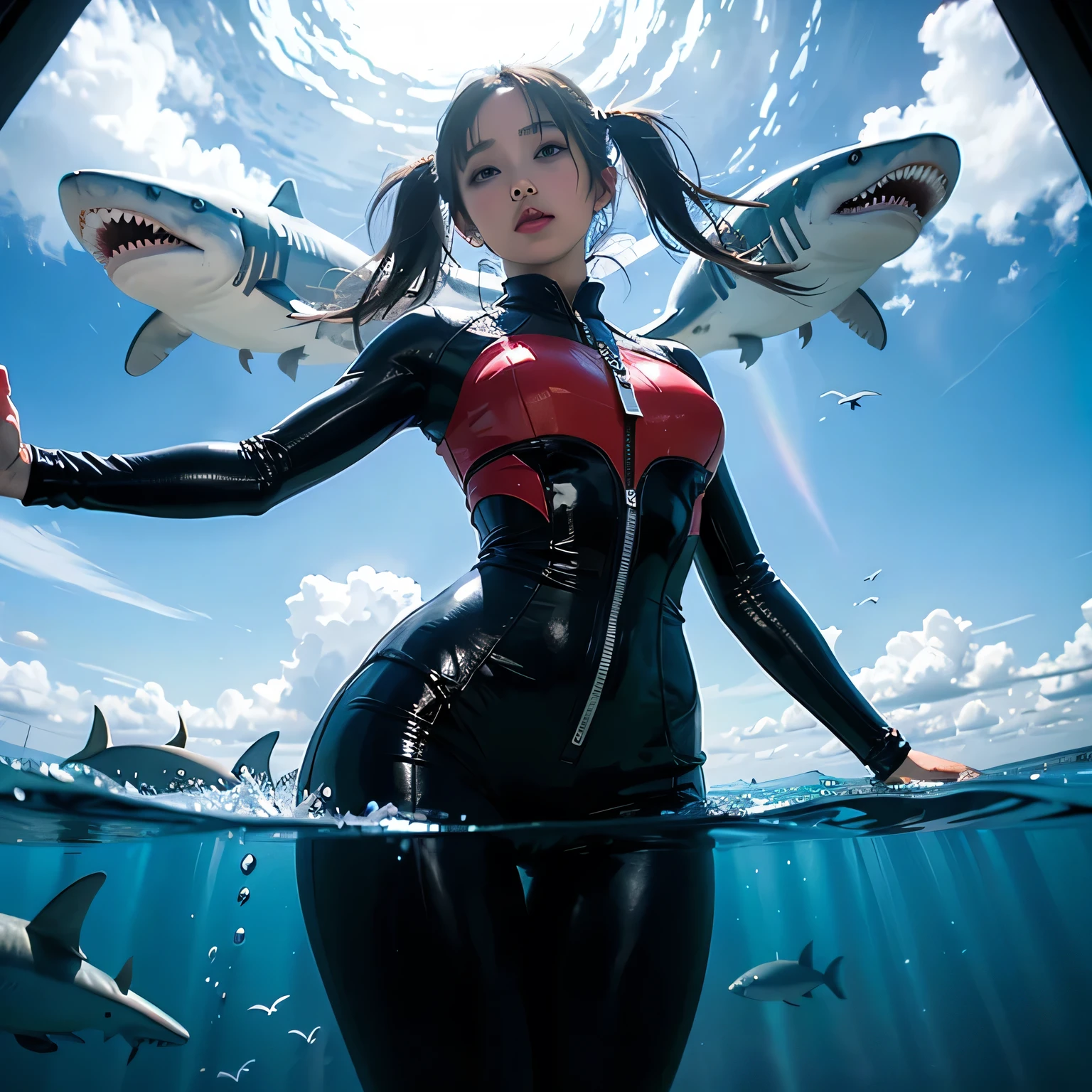 partially submerged, ultra-detailed, 
(Raw photo)、(masterpiece)、(8k)、(Highest quality)、(High resolution:1.3)、Angle from below、Watching the audience、(Perfect Anatomy:1.34)、whole body、One girl、(Shark Girl)、(Ocean)、Black Hair、(Twin tails:1.2)、(Super hourglass body type:1.3)、Sexy and acrobatic poses、Partially submerged、From the chest down, in the Ocean、There is only one water surface、Pink Swimsuit、blue sky、White cloud、One giant shark、Asuka