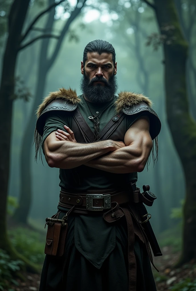 Ilustre o ator Karl Urban como um ranger de Dungeons e Dragons, with arms crossed, looking forward as if it were the presentation of a series. in the background a forest at night is sinister. realistic photography style, 8k.