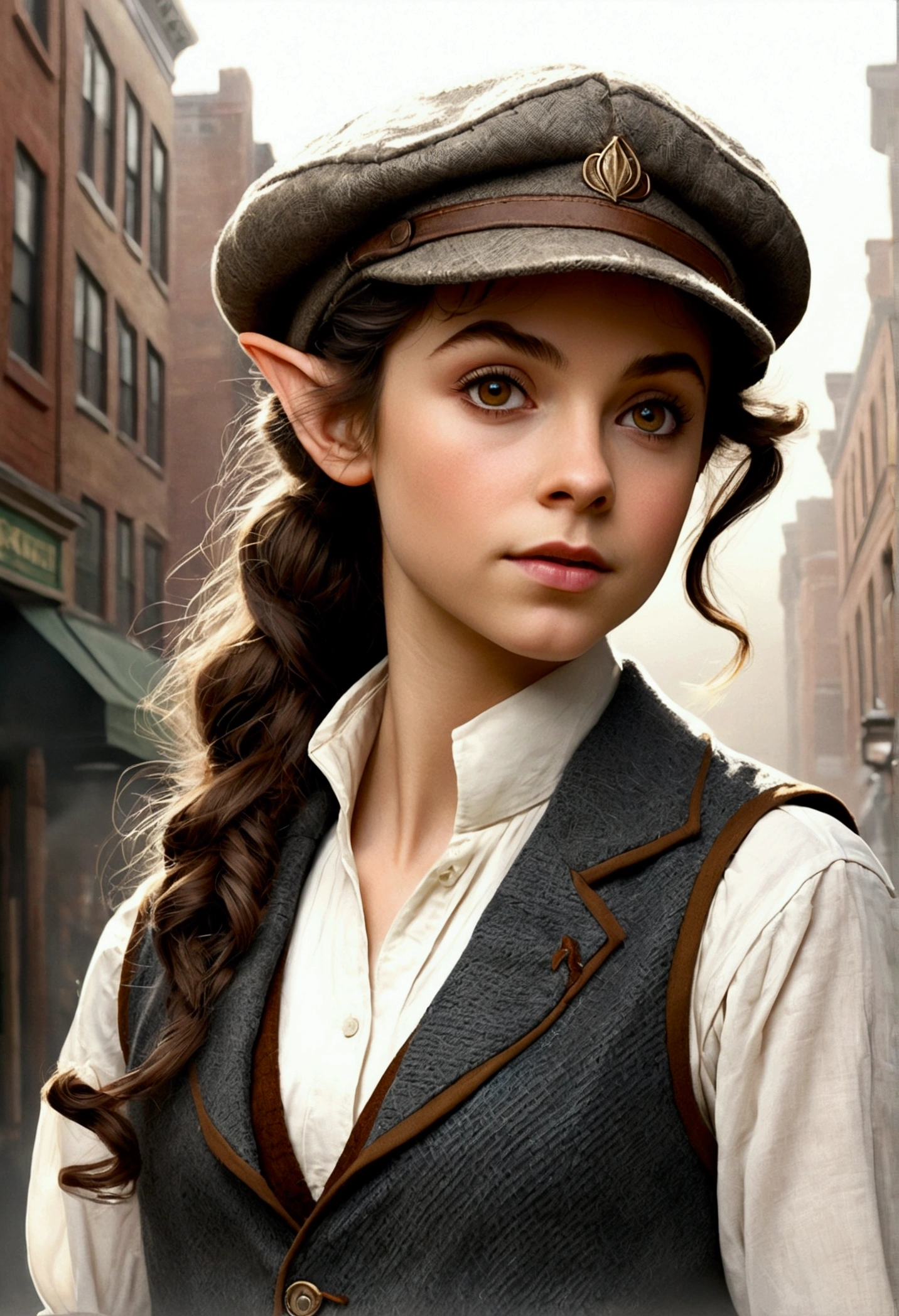 An illustrated movie poster, hand-drawn, full color, a teenage elven girl, wearing a tweed vest and a newsie cap, athletic hourglass figure, long pointy elf ears, amber eyes, dark hair, messy curls, deep sun-tanned skintone, standing on a foggy victorian-era street corner, graphite shading, stencil marks, airbrushed acrylic paint, masterpiece, in the style of the Sherlock Holmes, elf ears