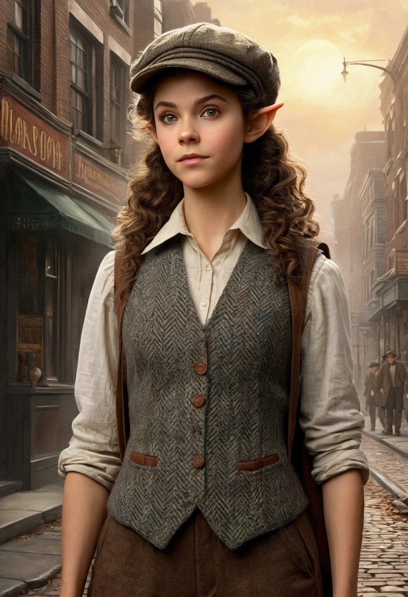 An illustrated movie poster, hand-drawn, full color, a teenage elven girl, wearing a tweed vest and a newsie cap, athletic hourglass figure, long pointy elf ears, amber eyes, dark hair, messy curls, deep sun-tanned skintone, standing on a foggy victorian-era street corner, graphite shading, stencil marks, airbrushed acrylic paint, masterpiece, in the style of the Sherlock Holmes, elf ears