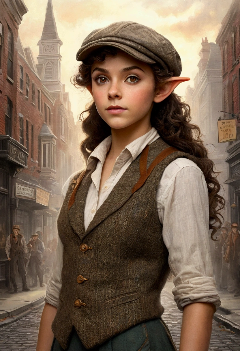 An illustrated movie poster, hand-drawn, full color, a age elven girl, wearing a tweed vest and a newsie cap, athletic hourglass figure, long pointy elf ears, amber eyes, dark hair, messy curls, deep sun-tanned skintone, standing on a foggy victorian-era street corner, graphite shading, stencil marks, airbrushed acrylic paint, masterpiece, in the style of the Sherlock Holmes, elf ears